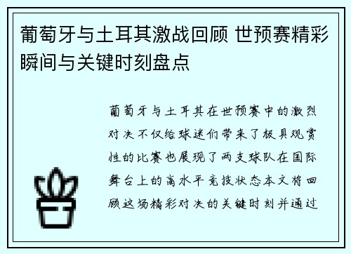 葡萄牙与土耳其激战回顾 世预赛精彩瞬间与关键时刻盘点
